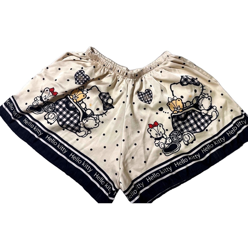 Sanrio Hello Kitty Satin Pajama Shorts Cream Black Polka Dot Gingham Y2K Lounge